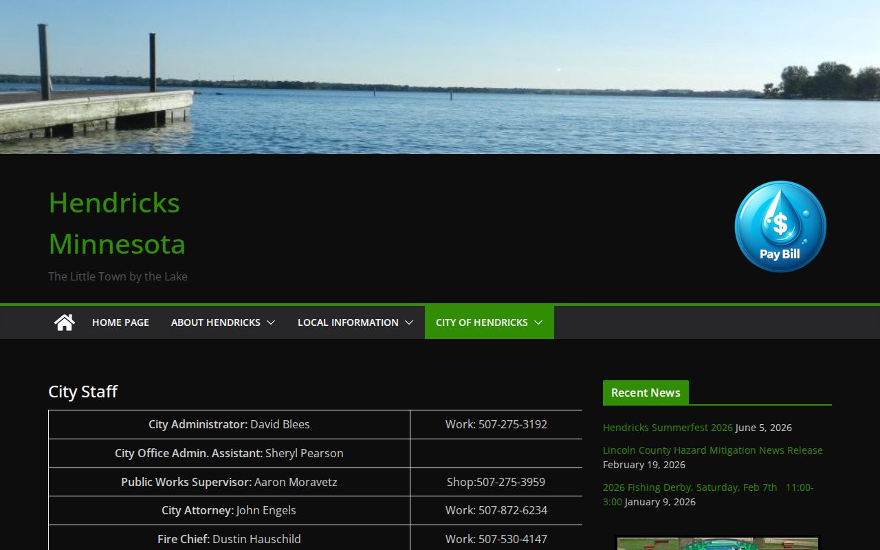 Official Hendricks City Staff page with municipal contact information