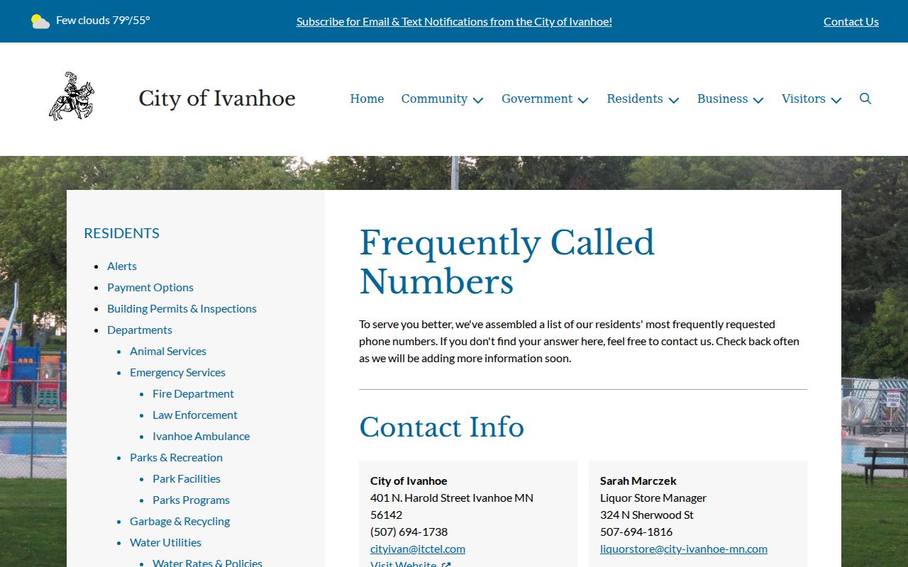 Official Ivanhoe public contacts page with City Office information