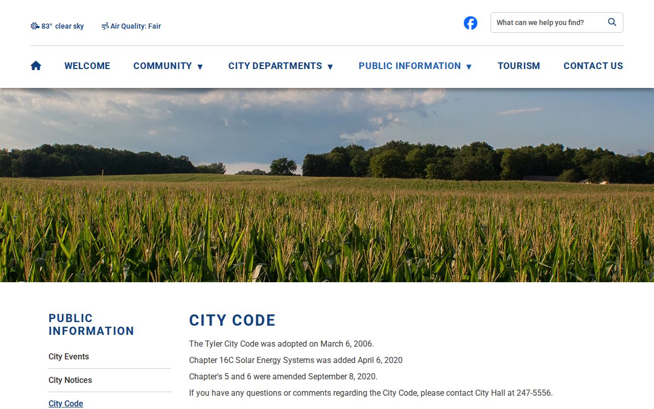 Official Tyler City Code page with municipal code information